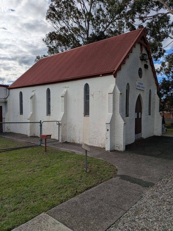 Scoresby Wesleyan Church Marker in front of the Church image. Click for full size.