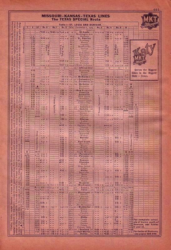 M-K-T (the Katy) Timetable No. 1, December 1925. Click for full size. M-K-T (the Katy) Timetable No. 1, December 1925 image. Click for full size.