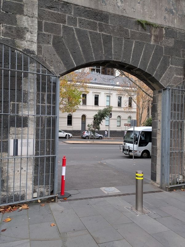 Gaol Arched Entrance Marker near Arch facing into Russell Street. Click for full size. Gaol Arched Entrance Marker near Arch facing into Russell Street image. Click for full size.