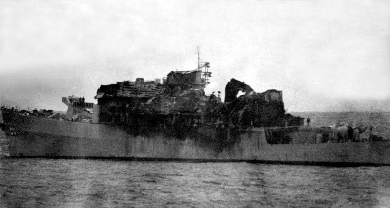 USS Belknap (CG-26) After colliding with CV-67. image. Click for full size.