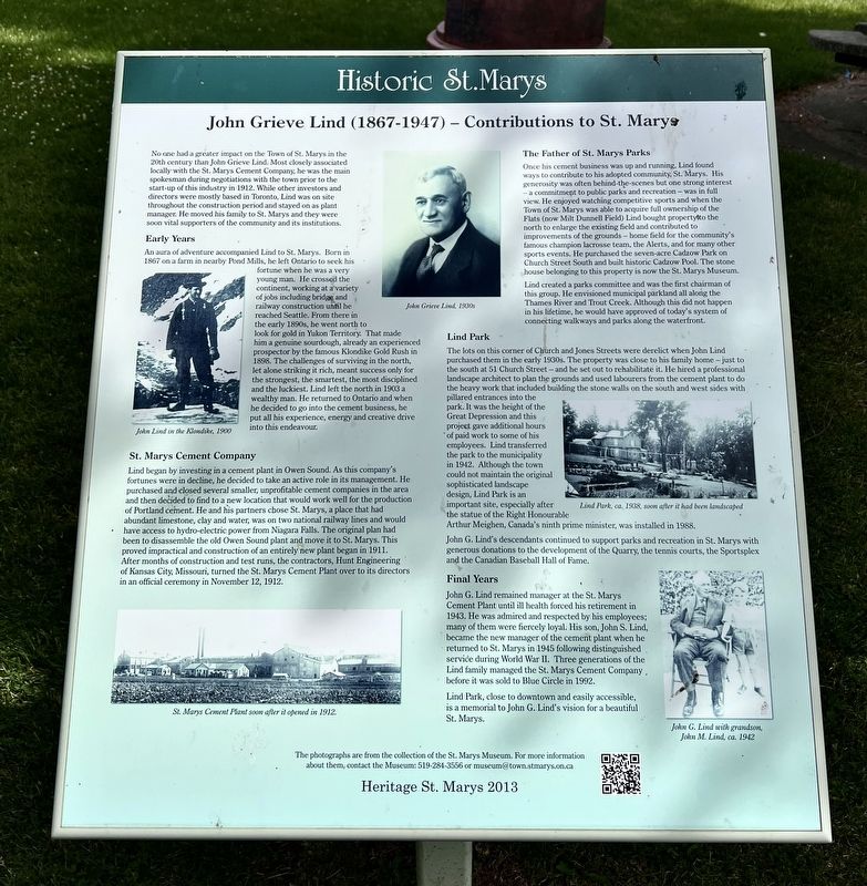 John Grieve Lind (1867-1947) - Contributions to St. Marys Marker image. Click for full size.