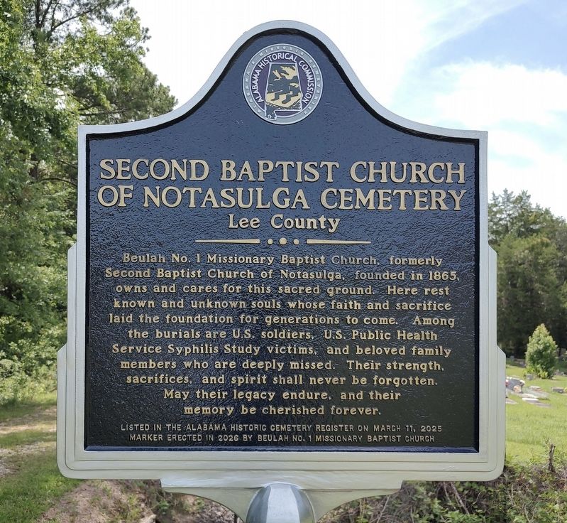 Second Baptist Church of Notasulga Cemetery Marker. Click for full size. Second Baptist Church of Notasulga Cemetery Marker image. Click for full size.