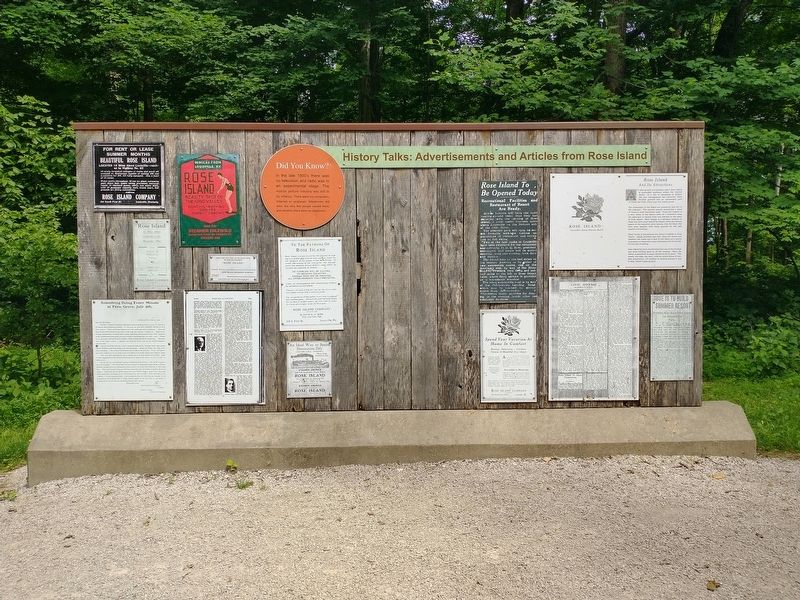 History Talks: Advertisements and Articles from Rose Island Marker. Click for full size. History Talks: Advertisements and Articles from Rose Island Marker image. Click for full size.