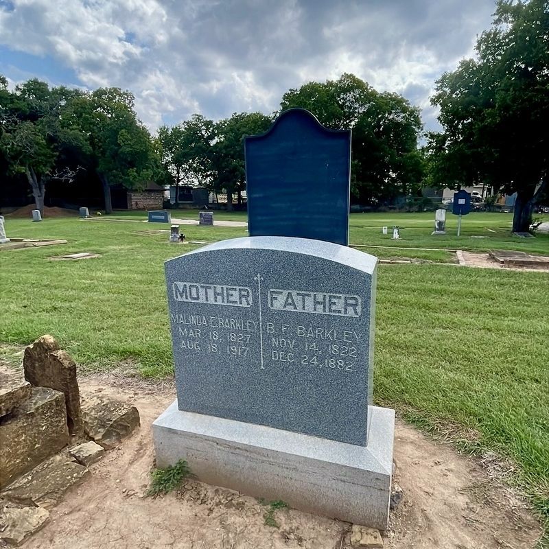 Judge Benjamin Franklin Barkley headstone, featuring the back of the Texas Historical Marker image. Click for full size.
