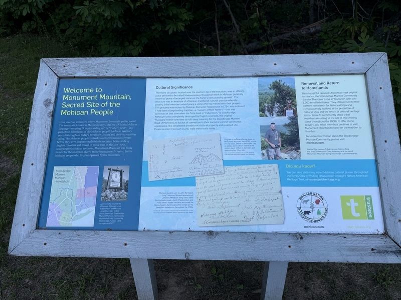 Welcome to Monument Mountain, Sacred Site of the Mohican People Marker. Click for full size. Welcome to Monument Mountain, Sacred Site of the Mohican People Marker image. Click for full size.