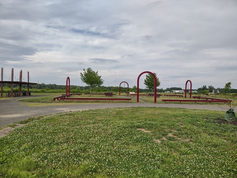 Beams forming footprint of Building Two, with five Historical Markers. Click for full size. Beams forming footprint of Building Two, with five Historical Markers image. Click for full size.