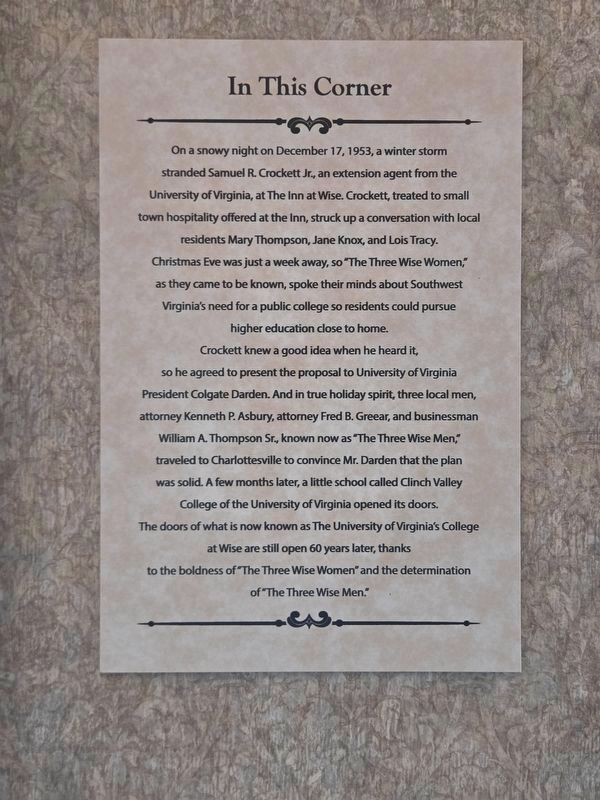 A description of the event located on the lobby wall at The Inn at Wise. Click for full size. A description of the event located on the lobby wall at The Inn at Wise image. Click for full size.