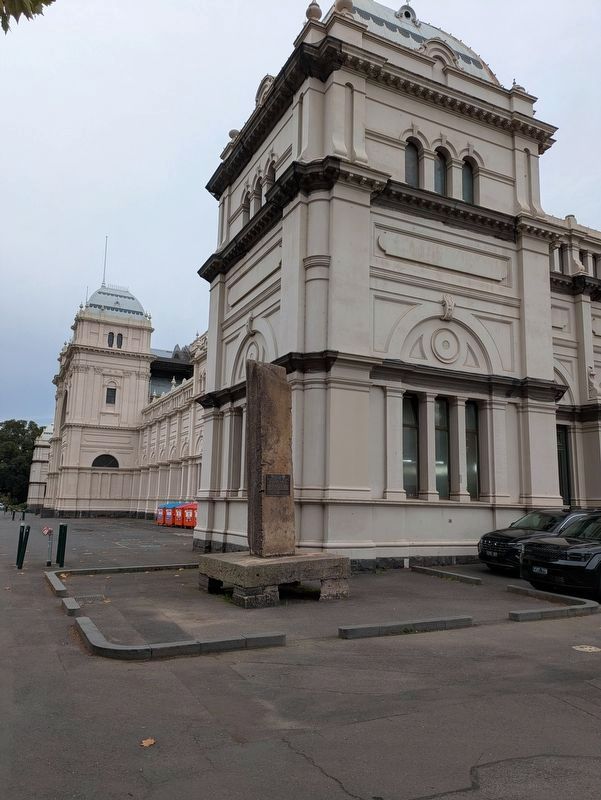 Pillar of Stone Marker on South Eastern Side of Exhibition Building. Click for full size. Pillar of Stone Marker on South Eastern Side of Exhibition Building image. Click for full size.