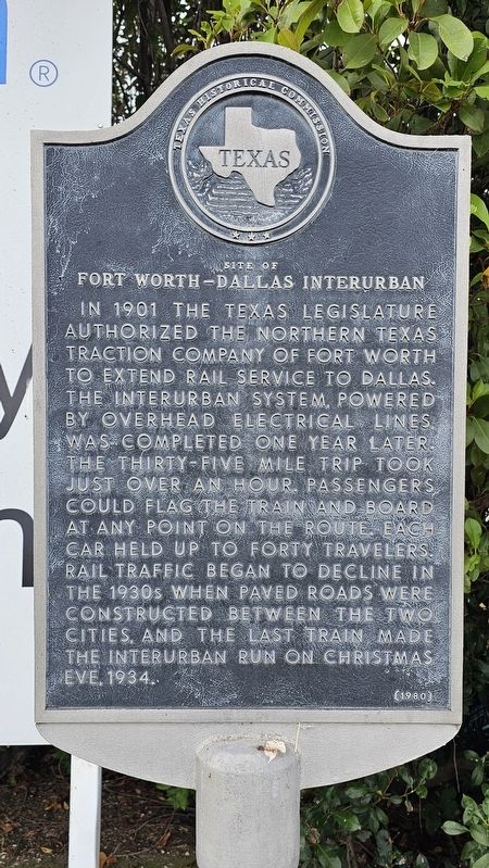 Site of Fort Worth-Dallas Interurban Marker. Click for full size. Site of Fort Worth-Dallas Interurban Marker image. Click for full size.