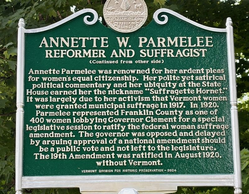 Annette W. Parmelee Reformer and Suffragist (Second Side). Click for full size. Annette W. Parmelee Reformer and Suffragist (Second Side) image. Click for full size.