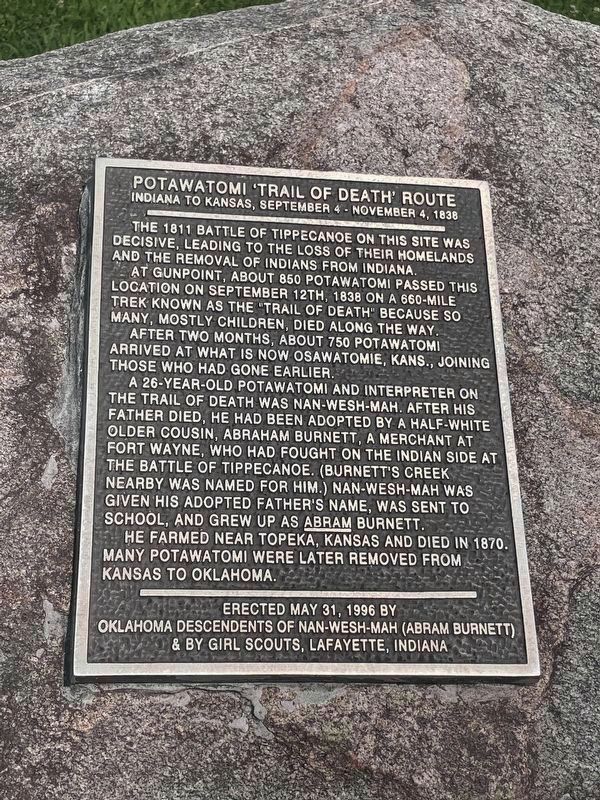Potawatomi ‘Trail of Death’ Route Marker. Click for full size. Potawatomi ‘Trail of Death’ Route Marker image. Click for full size.