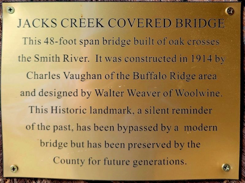Jacks Creek Covered Bridge Marker. Click for full size. Jacks Creek Covered Bridge Marker image. Click for full size.