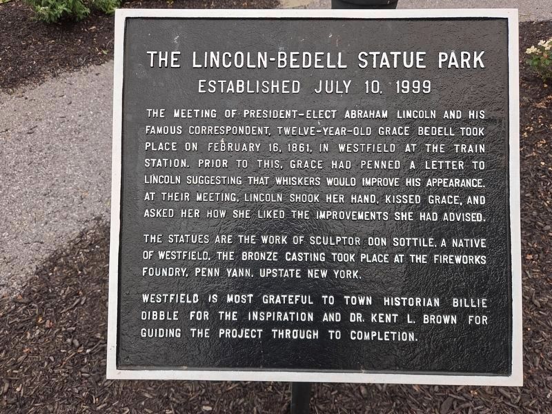 Refurbished Lincoln-Bedell Statue Park Marker. Click for full size. Refurbished Lincoln-Bedell Statue Park Marker image. Click for full size.