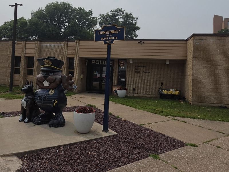 Punxsutawney Marker next to K-9 Officer Phil in front of the Police Department. Click for full size. Punxsutawney Marker next to K-9 Officer Phil in front of the Police Department image. Click for full size.