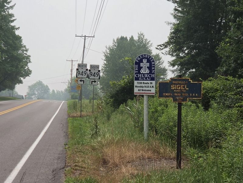Sigel Marker looking south on PA Hwy 36 at the north city limit. Click for full size. Sigel Marker looking south on PA Hwy 36 at the north city limit image. Click for full size.
