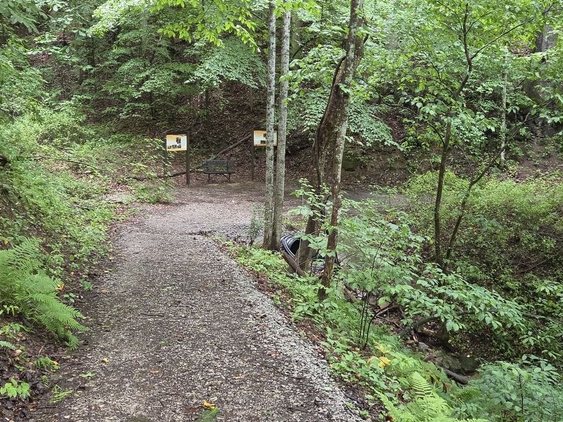 The Resting Place Marker (lef) at the end of the second incline on the Hatfield Cemetery trail. Click for full size. The Resting Place Marker (lef) at the end of the second incline on the Hatfield Cemetery trail image. Click for full size.