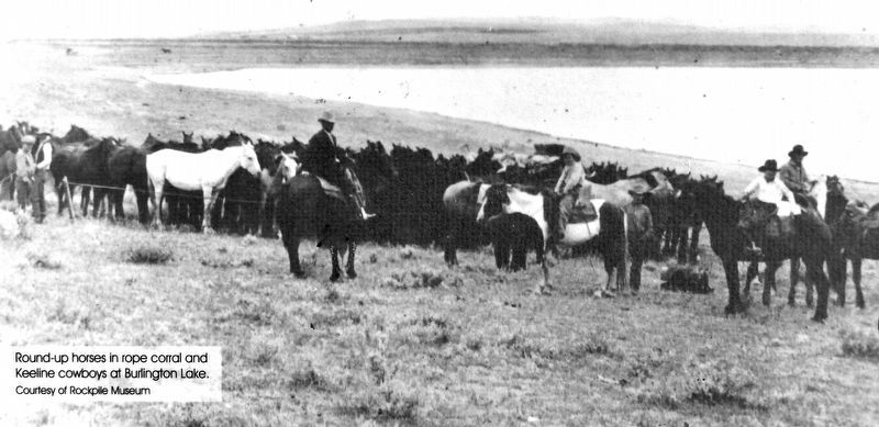Marker detail: Round-up horses in rope corral and Keeling cowboys at Burington Lake. Click for full size. Marker detail: Round-up horses in rope corral and Keeling cowboys at Burington Lake image. Click for full size.