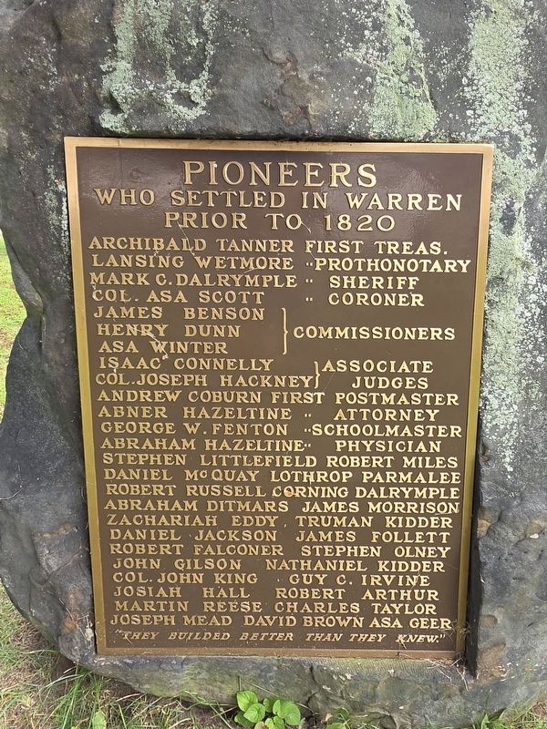 Pioneers Who Settled in Warren Prior to 1820 Marker. Click for full size. Pioneers Who Settled in Warren Prior to 1820 Marker image. Click for full size.