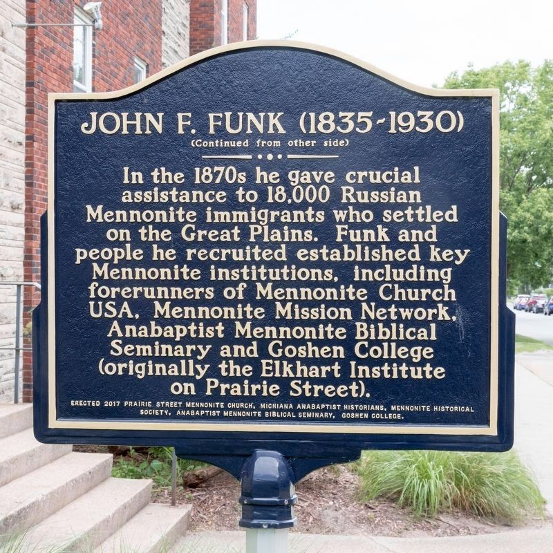 John F. Funk Marker, Side Two. Click for full size. John F. Funk Marker, Side Two image. Click for full size.