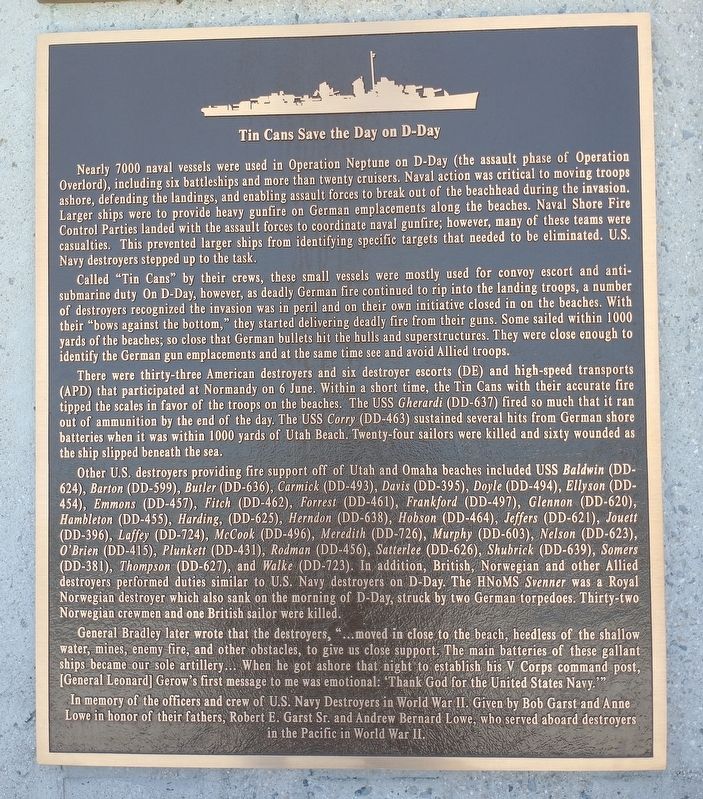 Tin Cans Save the Day on D-Day Marker. Click for full size. Tin Cans Save the Day on D-Day Marker image. Click for full size.