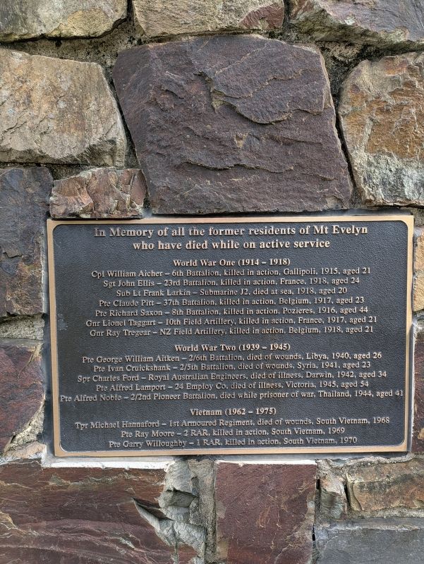 Mt Evelyn residents who have Died in Service Marker image. Click for full size.