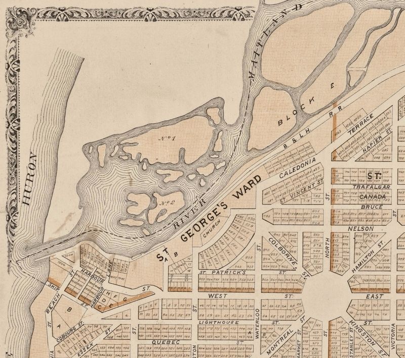 Goderich Harbour 1879, showing the area containing the reduced Ship Island image. Click for full size.