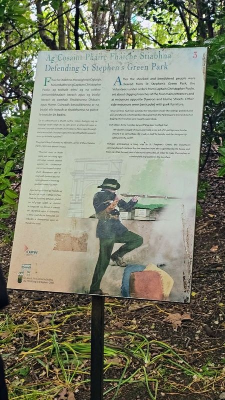Ag Cosaint Ph�irc Fhaiche Stiabhna / Defending St Stephen's Green Park Marker image. Click for full size.