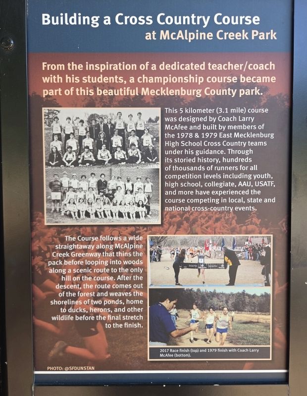Building a Cross Country Course at McAlpine Creek Park Marker. Click for full size. Building a Cross Country Course at McAlpine Creek Park Marker image. Click for full size.
