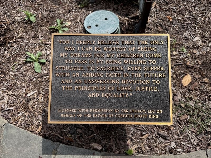 Plaque on the grounds of the Coretta Scott King Memorial Garden. Click for full size. Plaque on the grounds of the Coretta Scott King Memorial Garden image. Click for full size.