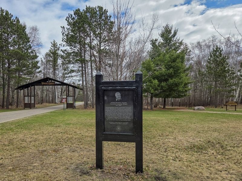 Gerhard Haukebo, Founder Marker near the entrance to Skogfjorden, the Norwegian language village image. Click for full size.