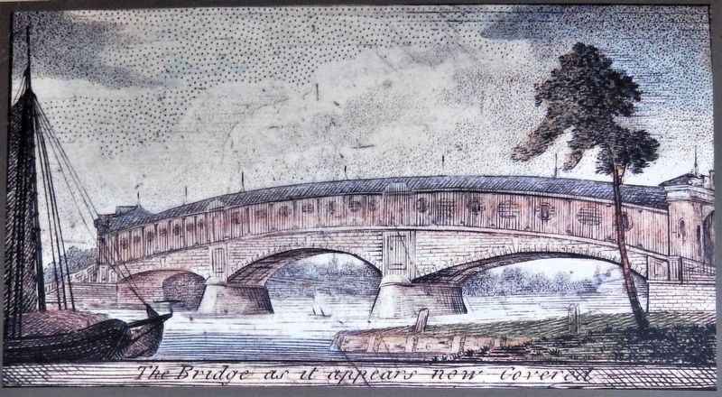 Marker detail: The First Covered Bridge in America. Click for full size. Marker detail: The First Covered Bridge in America image. Click for full size.