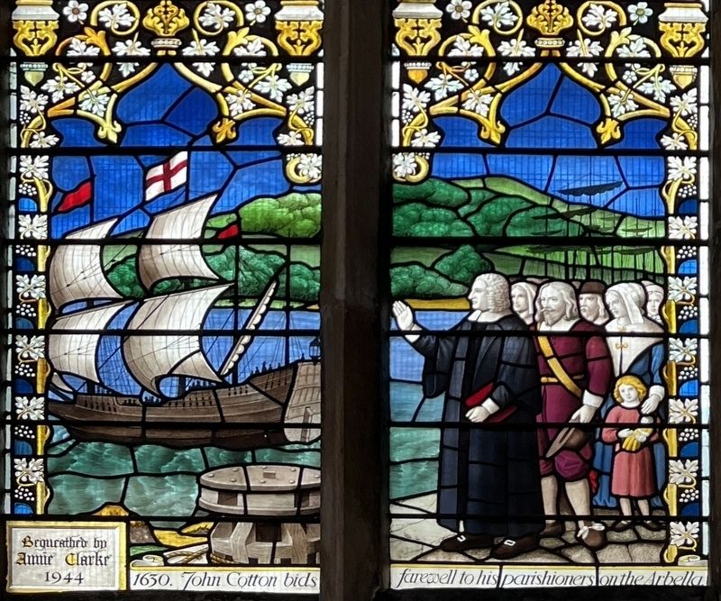 Stained Glass window in St Botolph's Church, Boston, depicting John Cotton image. Click for full size.