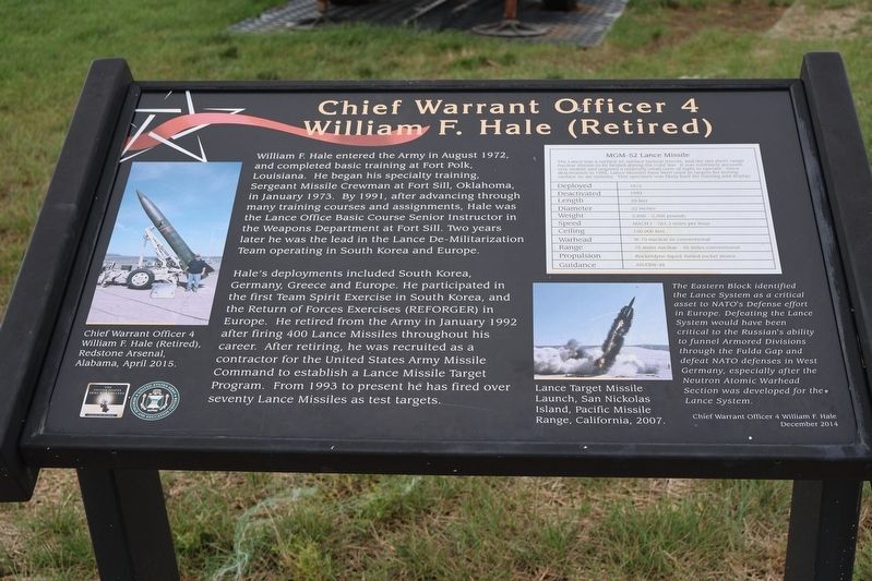 Chief Warrant Officer 4 William F. Hale (Retired) Marker. Click for full size. Chief Warrant Officer 4 William F. Hale (Retired) Marker image. Click for full size.