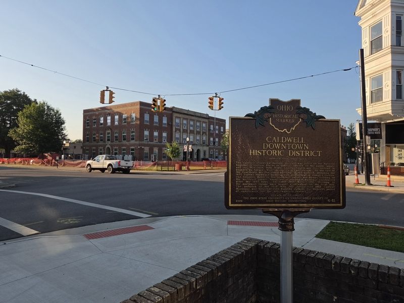 Caldwell Downtown Historic District Marker; Noble County Courthouse in the background image. Click for full size.
