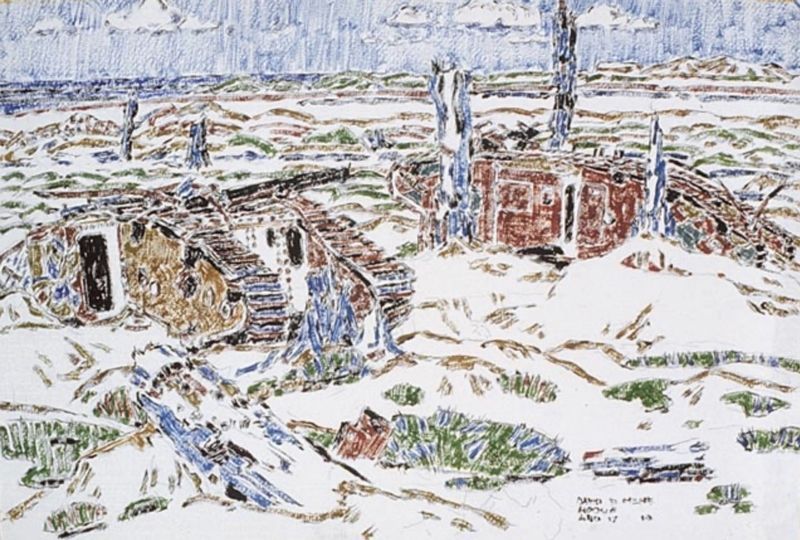 David Brown Milne, Wrecked Tanks Near Sancturay Woods 1919. Click for full size. David Brown Milne, Wrecked Tanks Near Sancturay Woods 1919 image. Click for full size.