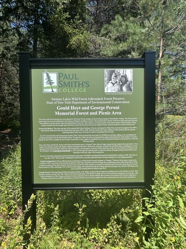Gould Hoyt and George Peroni Memorial Forest and Picnic Area Marker. Click for full size. Gould Hoyt and George Peroni Memorial Forest and Picnic Area Marker image. Click for full size.