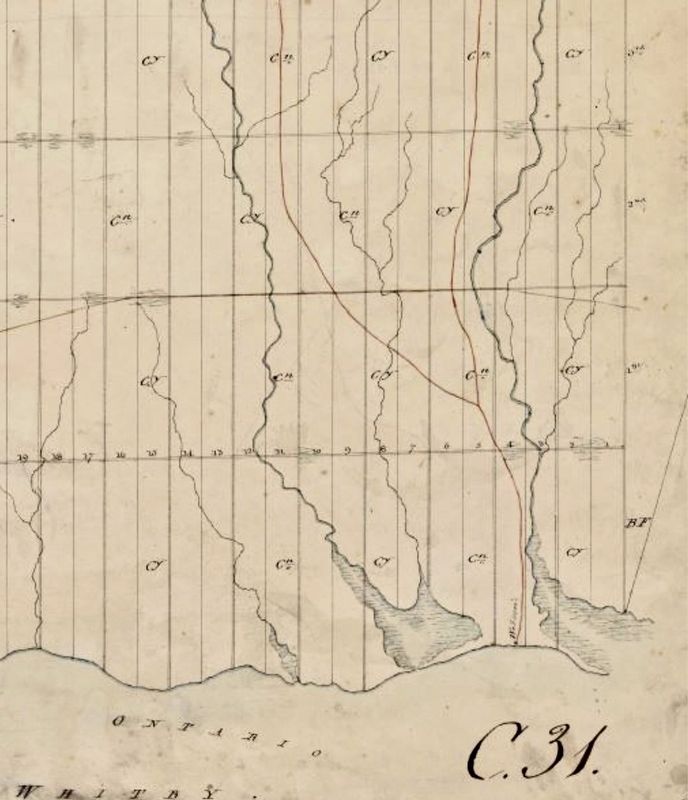 Survey of Whitby Township, 1795, showing the routes of the Scugog Carrying Place trail in red. Click for full size. Survey of Whitby Township, 1795, showing the routes of the Scugog Carrying Place trail in red image. Click for full size.