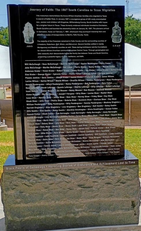 Journey of Faith: The 1867 South Carolina to Texas Migration Marker. Click for full size. Journey of Faith: The 1867 South Carolina to Texas Migration Marker image. Click for full size.