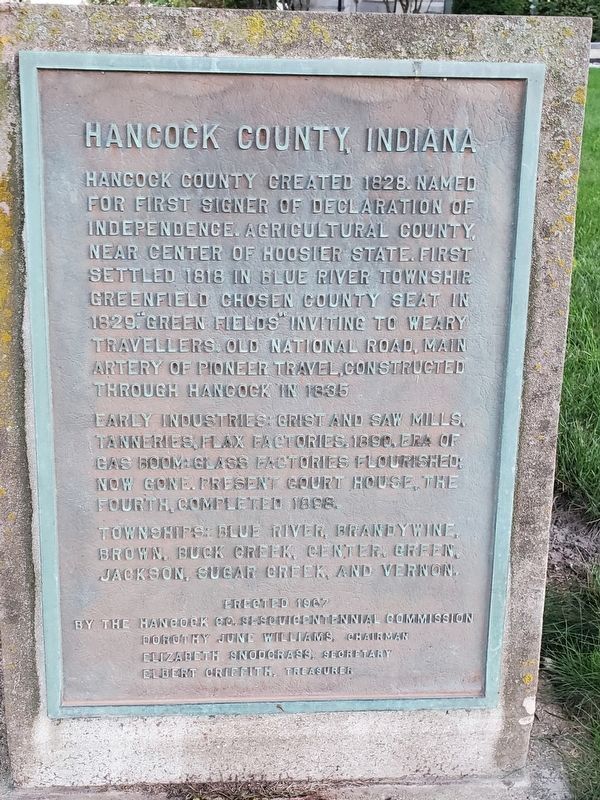 Closeup shot Hancock County, Indiana Marker. Click for full size. Closeup shot Hancock County, Indiana Marker image. Click for full size.