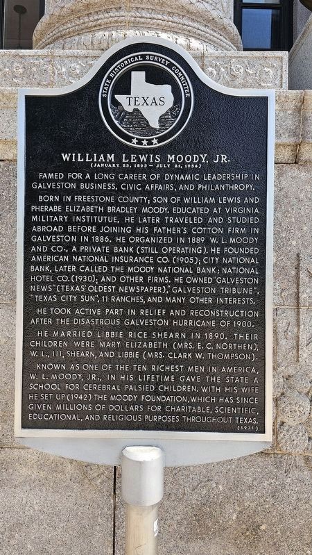 William Lewis Moody, Jr. Marker. Click for full size. William Lewis Moody, Jr. Marker image. Click for full size.