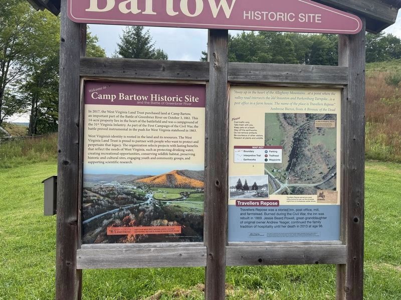 Welcome to Camp Bartow Historic Site and the Battle of Greenbrier River Marker [Obverse] image. Click for full size.