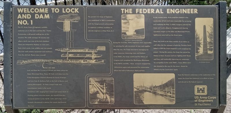 Welcome to Lock and Dam No. 1 / The Federal Engineer Marker. Click for full size. Welcome to Lock and Dam No. 1 / The Federal Engineer Marker image. Click for full size.
