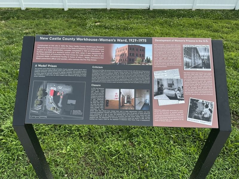 New Castle County Workhouse-Women's Ward, 1929-1975 Marker. Click for full size. New Castle County Workhouse-Women's Ward, 1929-1975 Marker image. Click for full size.