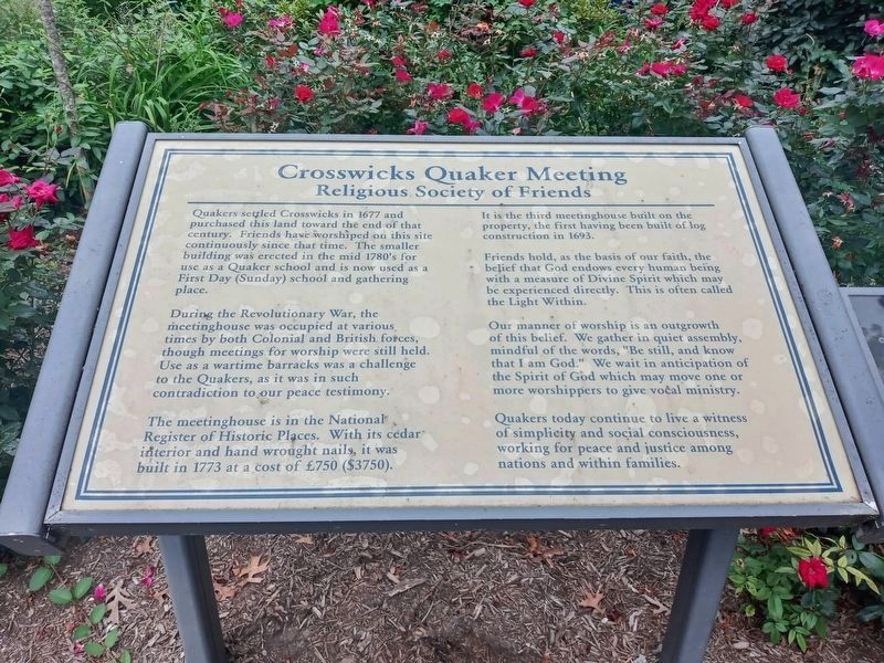 Crosswicks Quaker Meeting Marker, September 2021. Click for full size. Crosswicks Quaker Meeting Marker, September 2021 image. Click for full size.