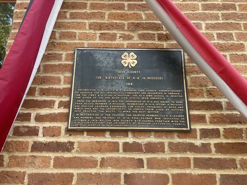 Iron County - The "Birthplace of 4-H" in Missouri Marker - alternate context view w/ patriotic decor. Click for full size. Iron County - The "Birthplace of 4-H" in Missouri Marker - alternate context view w/ patriotic decor image. Click for full size.