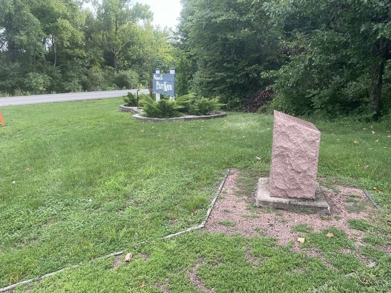 Iron Furnace Marker - alternate context view locates marker relative to "Welcome to Pilot Knob" sign. Click for full size. Iron Furnace Marker - alternate context view locates marker relative to "Welcome to Pilot Knob" sign image. Click for full size.
