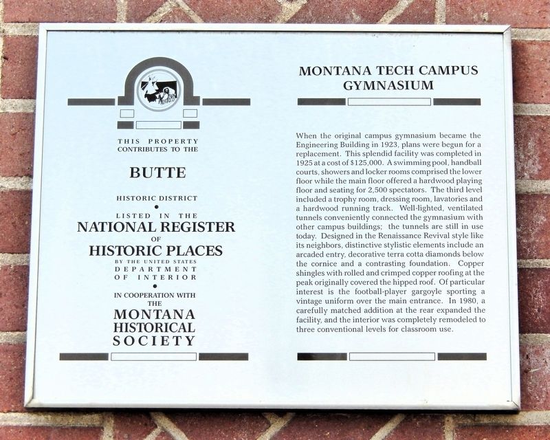 Montana Tech Campus Gymnasium Marker image. Click for full size.