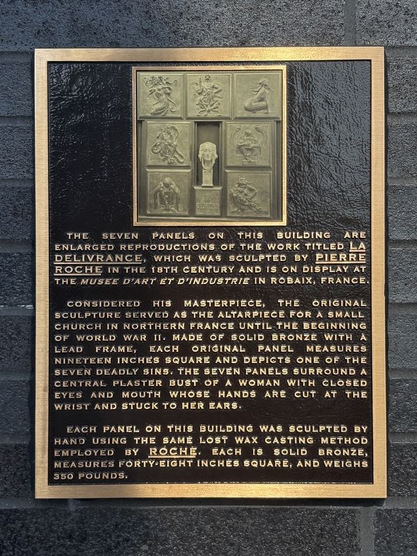 Seven panels of the work titled La Deliverance (reproduction), scuplted by Pierre Roche Marker image. Click for full size.