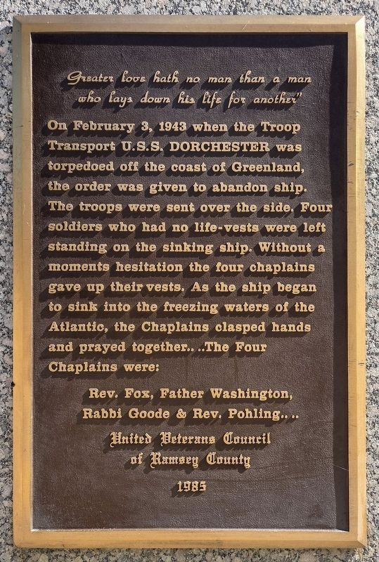 U.S.S. Dorchester Marker. Click for full size. U.S.S. Dorchester Marker image. Click for full size.