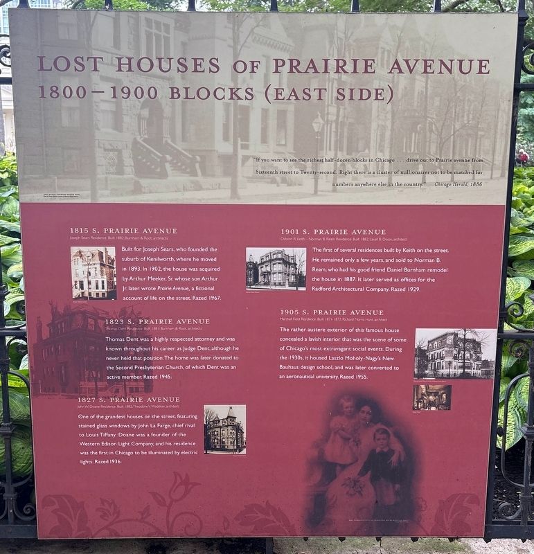 Lost Houses of Prairie Avenue: 1800-1900 Blocks (East Side) Marker. Click for full size. Lost Houses of Prairie Avenue: 1800-1900 Blocks (East Side) Marker image. Click for full size.